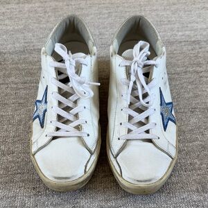 Golden Goose White Distressed Sneakers with Blue and Silver Stars
